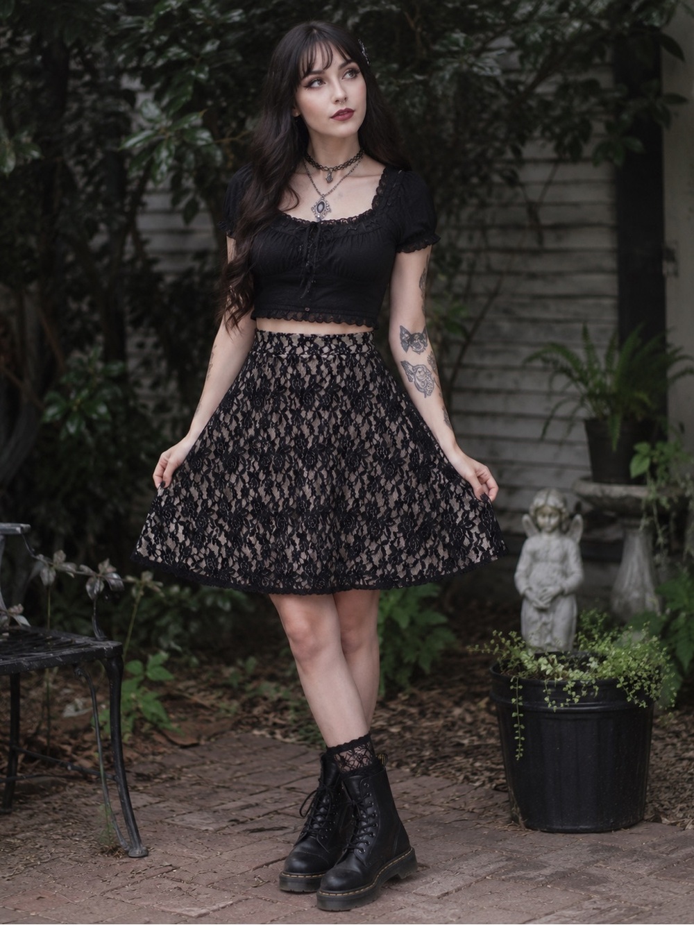 Vintage Y2K Myth Black Lace Skater Skirt XL Knee Length Goth Whimsygoth Stretch